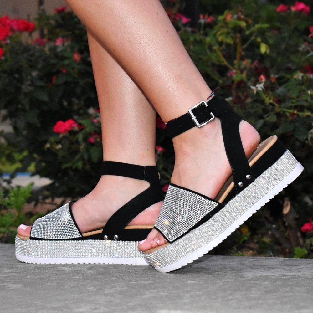 NEW Bling Silver Rhinestone Peep Toe Flat Platform Wedge Heel Sandal Ankle Strap - Picture 3 of 12